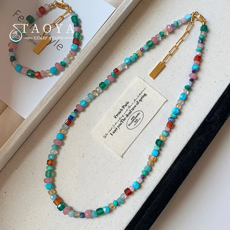 Imitate Colorful Natural Stone Beaded Necklace | Women's Sweet Fashion Jewelry Set with Pendant