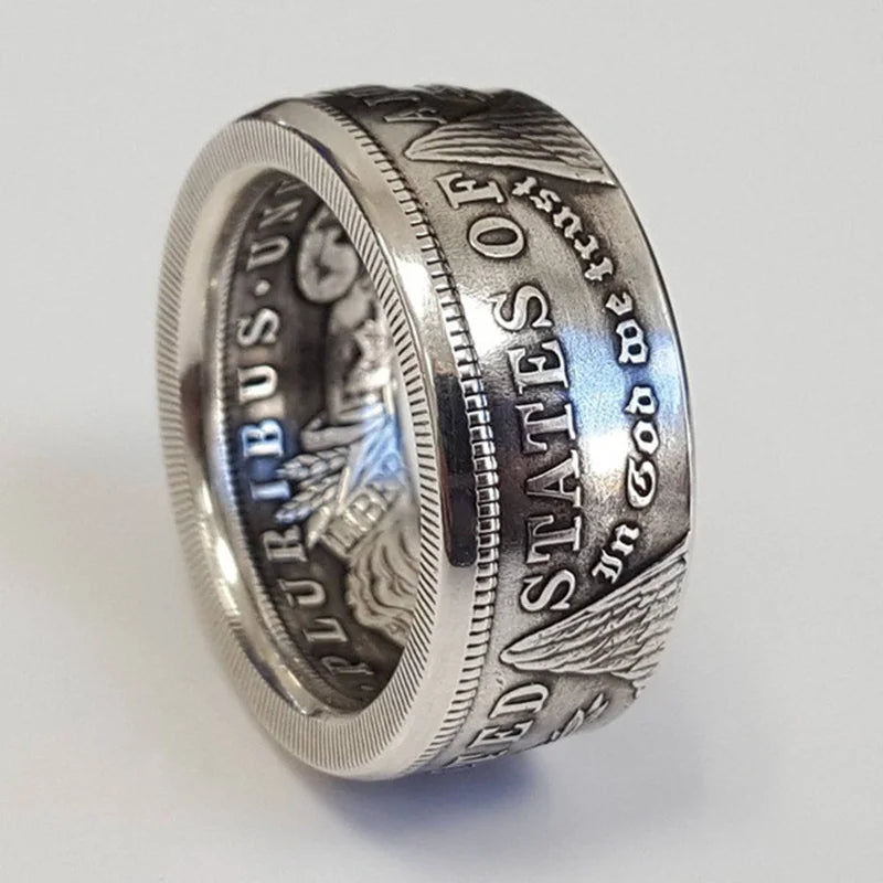S925 Sterling Silver Ring | Thai Silver Vintage National Emblem Motto Ring for Men