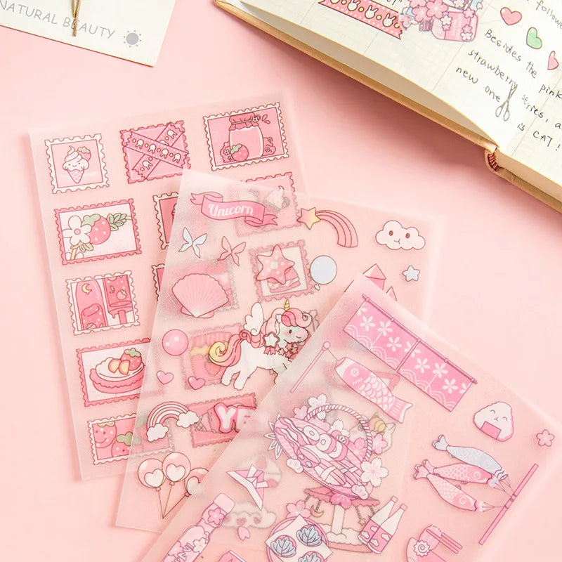 4-Piece Pink PET Sticker Pack | Kawaii Decorative Scrapbooking Set