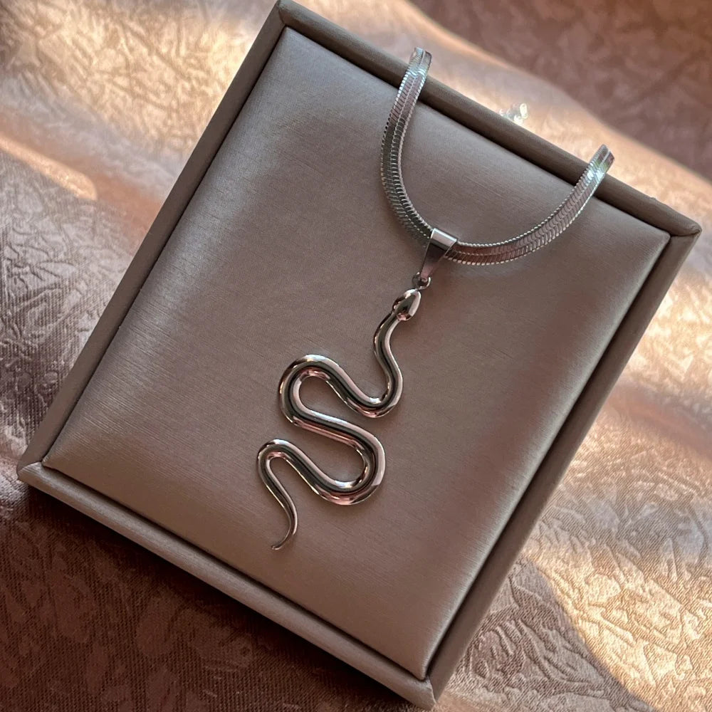 Flat Snake Chain Snake Pendant Necklace | Stainless Steel Choker Jewelry for Women