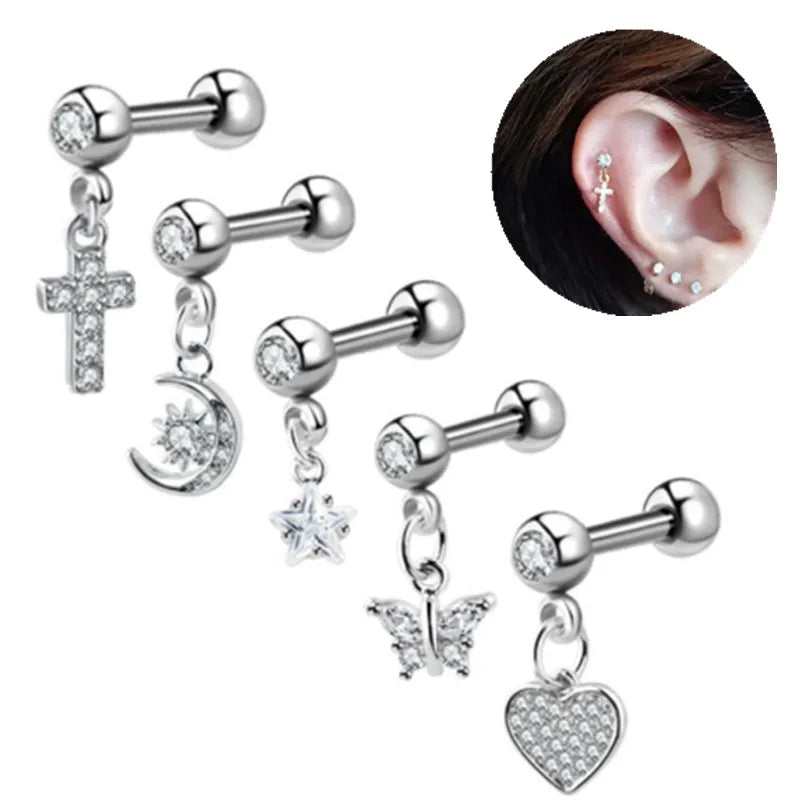Moon Star Cartilage Earring Set | Cute Tragus Helix Daith Jewelry