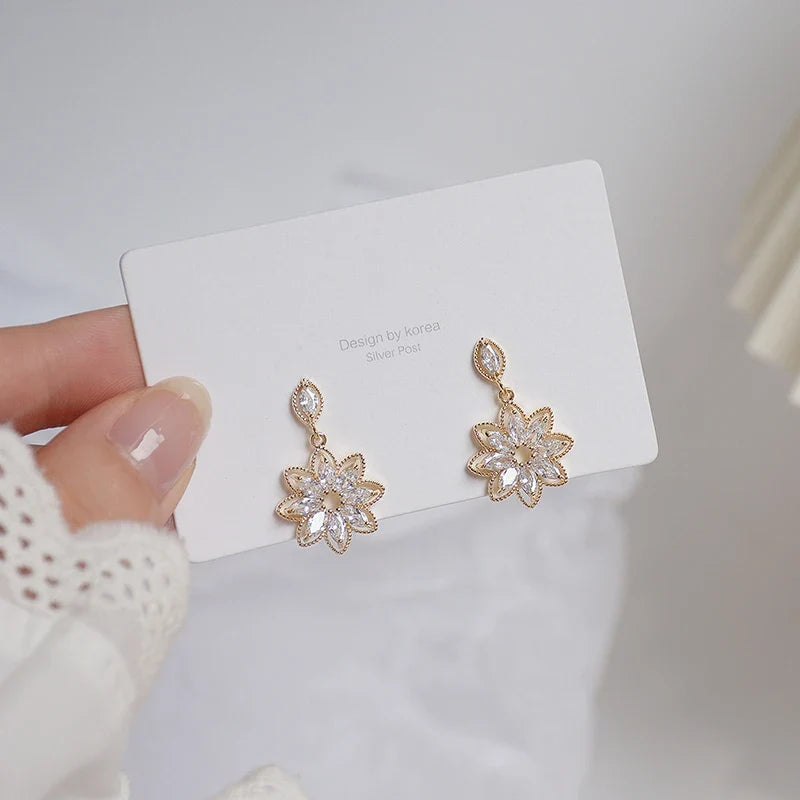 14K Real Gold Dainty Korean Flower Earrings for Women | Bling AAA Zirconia Stud Earrings