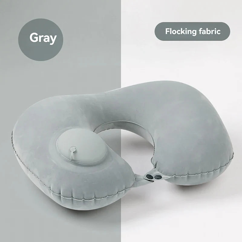 Portable Inflatable U-Shaped Neck Pillow for Travel | Press-Inflatable Neck Support with Built-In Storage