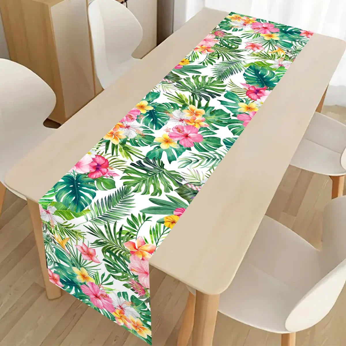 Tropical Hawaiian Party Tablecloth and Flamingo Decor Set | Plastic Table Runner and Candy Bags