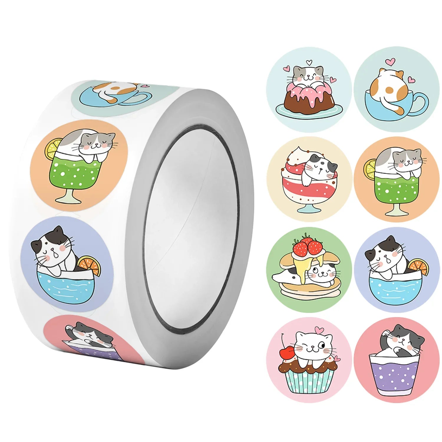 1Roll(500Pcs) Cute Cats in Cup Lovely Animal Stickers | 8 Designs DIY Decal Gift