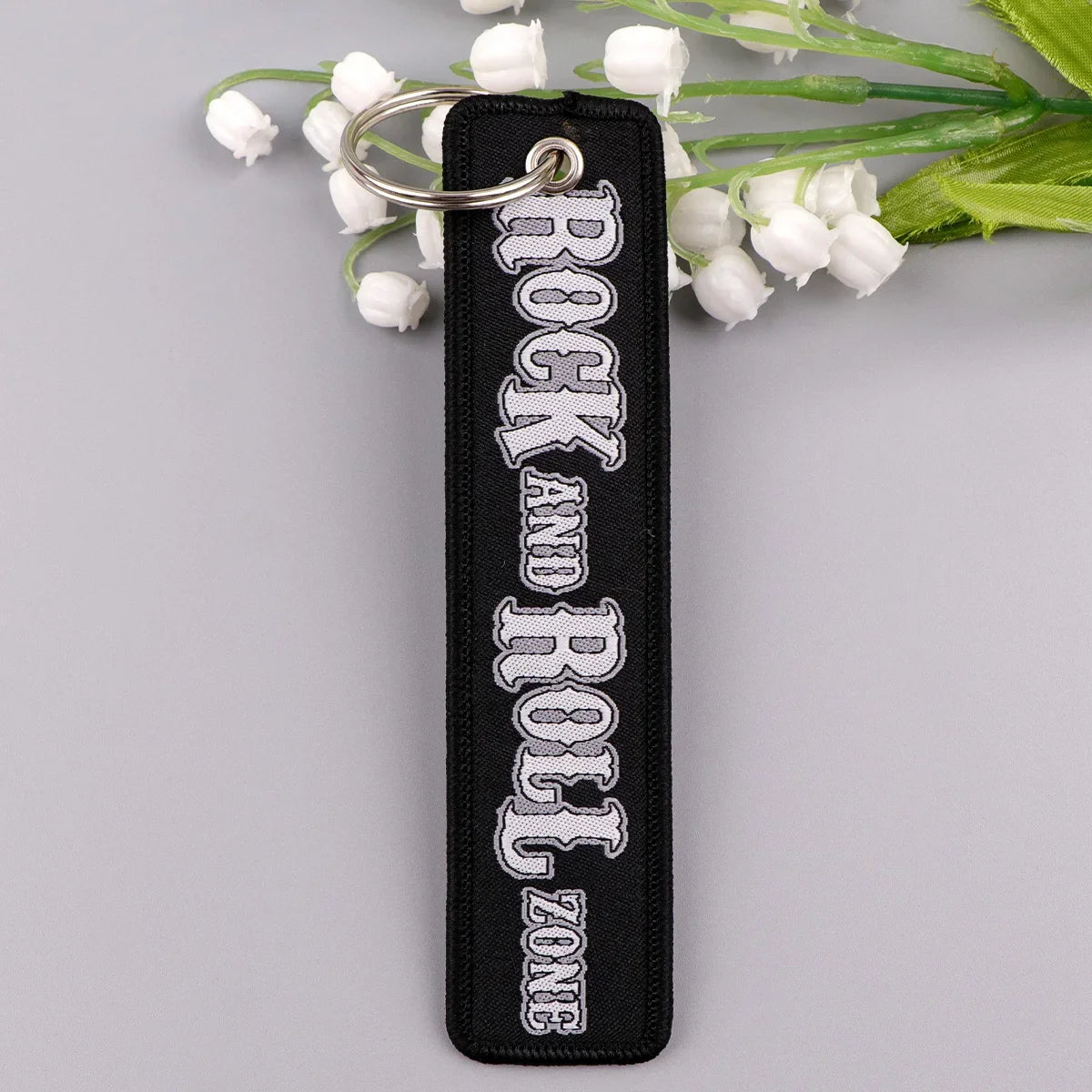 Rock and Roll Key Fob | Black Embroidery Key Tag for Bags and Gifts