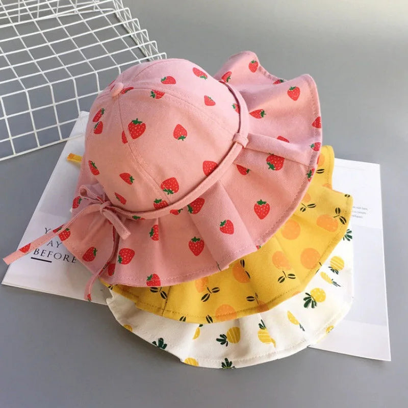 Sweet Baby Summer Hat for Girls | Cotton Fruit Print Kids Bucket Hat with Bowknot