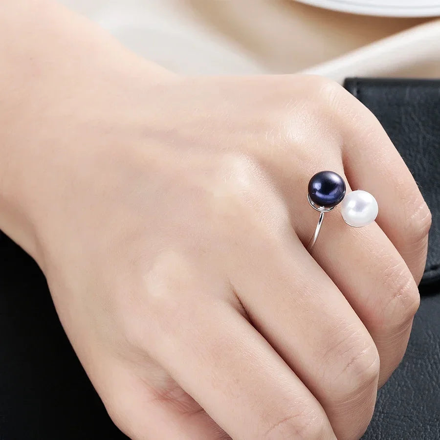 2026 New Arrival Black Natural Freshwater Pearl Ring | Adjustable 925 Sterling Silver Jewelry for Women Gifts