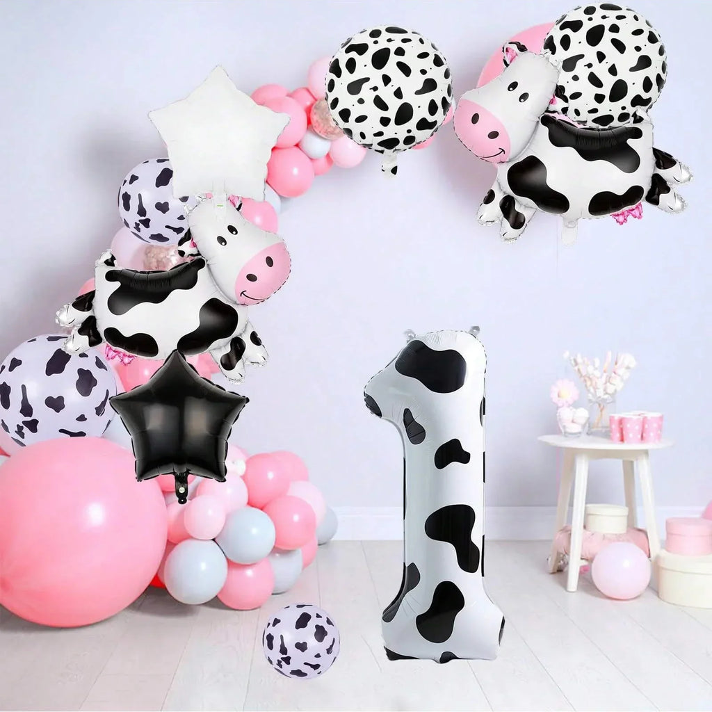 7pcs Cow Print Number Balloon Set | Farm Animal Birthday Party Decoration