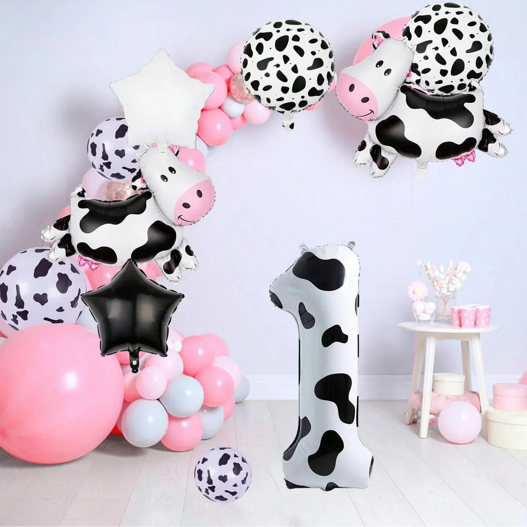 7pcs Big Cow Balloon Set 40 inch Black White Number 0-9 Foil Balloons | Farm Animal Birthday Party Decor