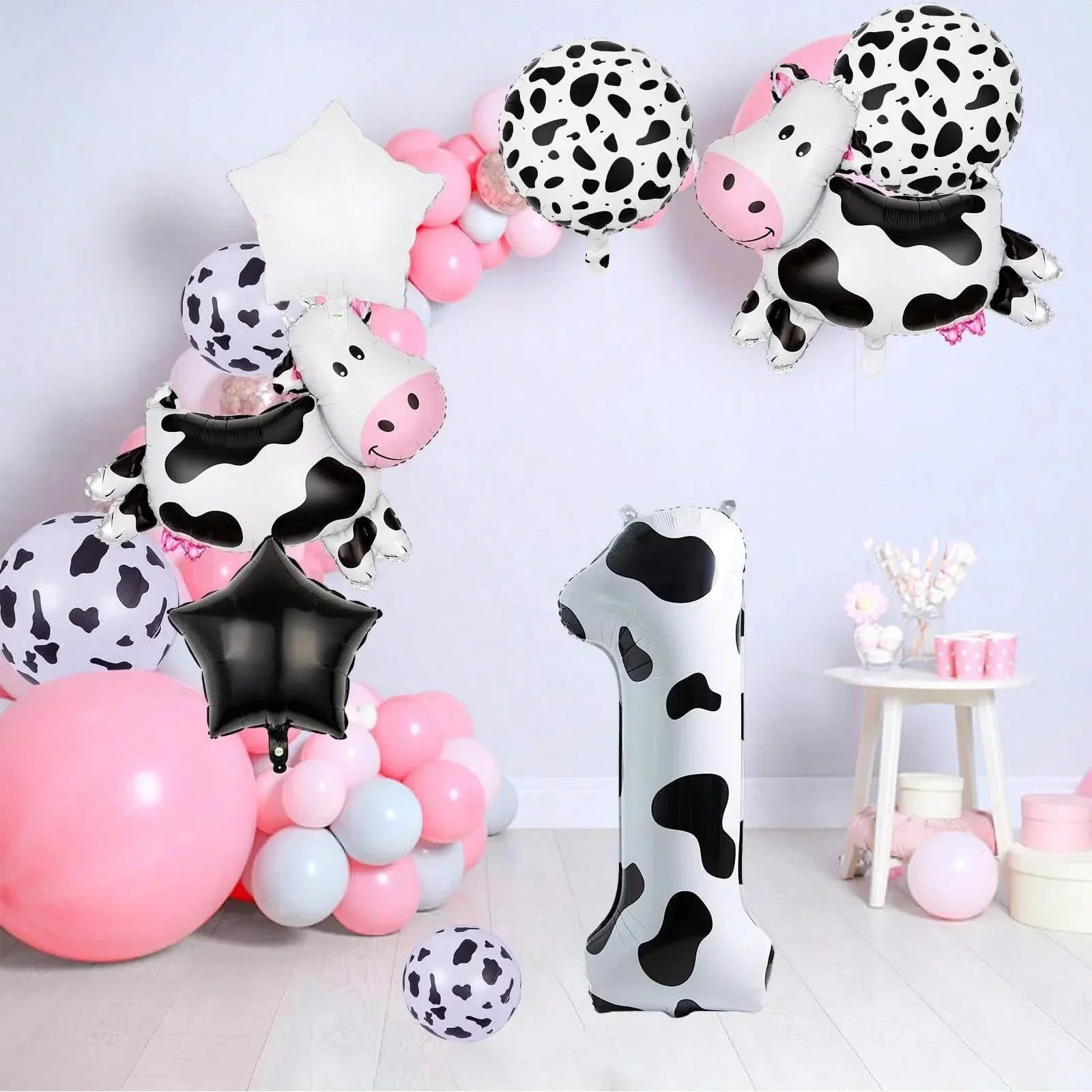7pcs Big Cow Balloon Set 40 inch Black White Number 0-9 Foil Balloons | Farm Animal Birthday Party Decor