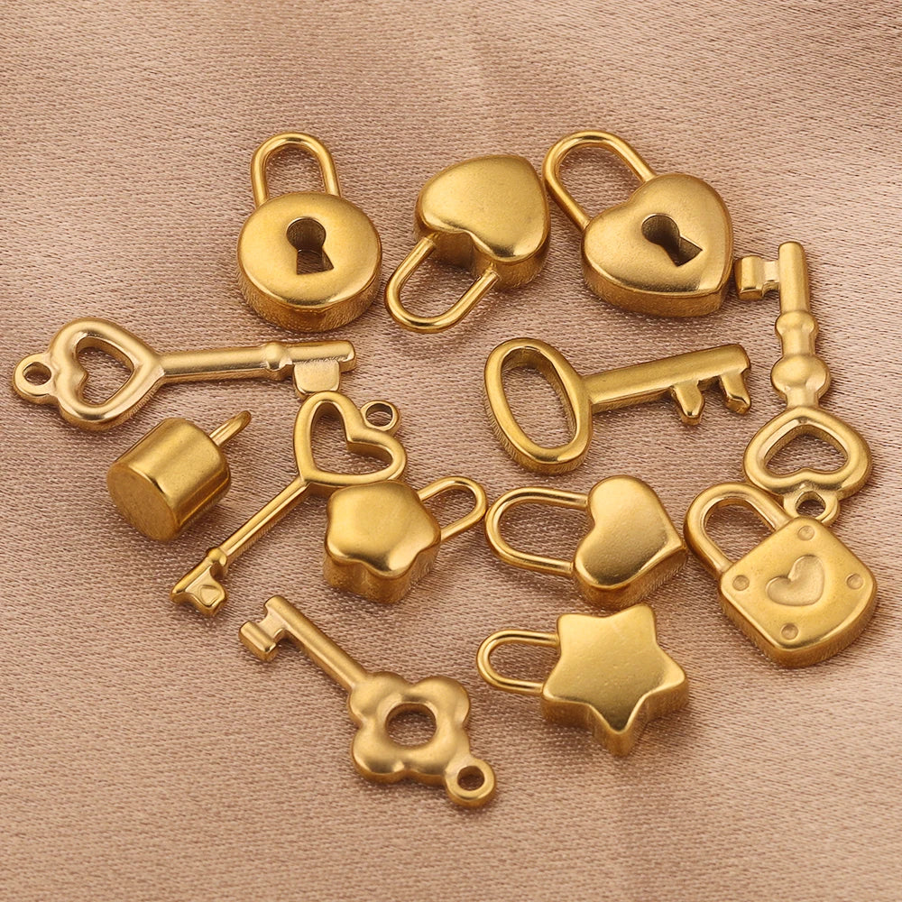 Gold Plated Heart Lock Key Pendant Set | 5pcs Stainless Steel Charms for DIY Jewelry
