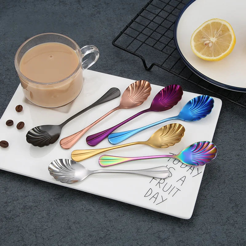 Shell Shape Stainless Steel Spoon with Long Handle | Dessert Spoon and Ice Cream Scoop