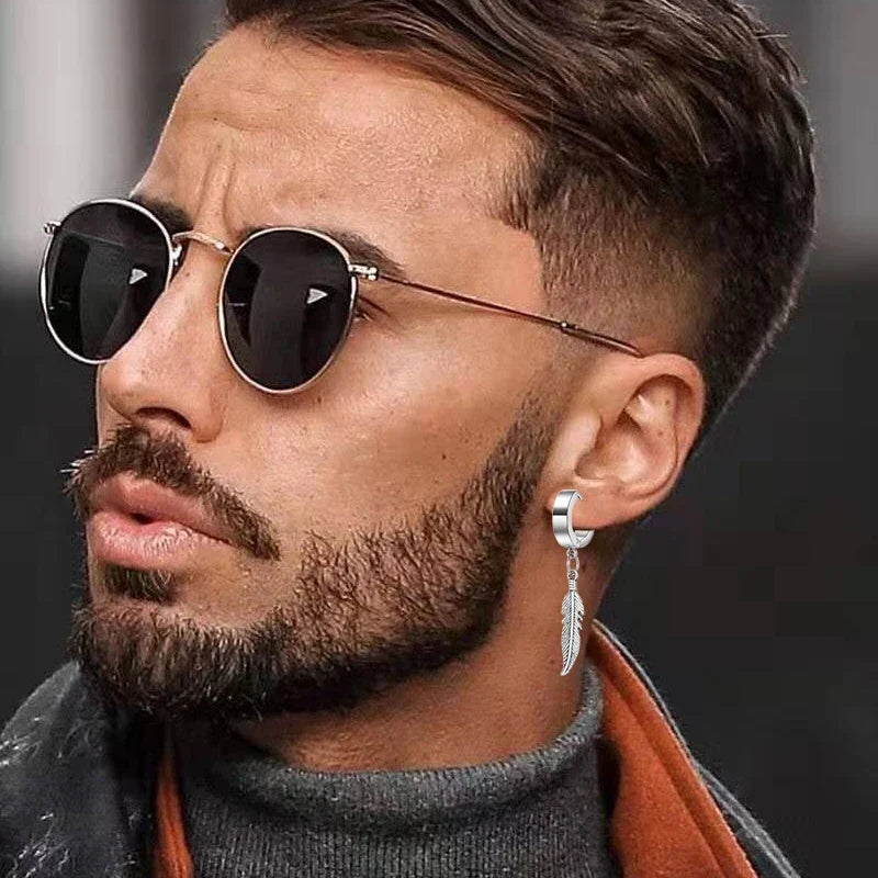 Cross Feather Stud Earrings | Stainless Steel Punk Rock Jewelry for Women and Men