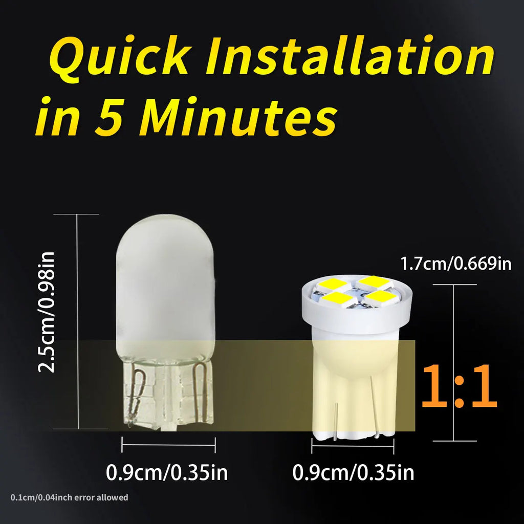 10Pcs T10 4SMD 1210 Blue LED Car Light Bulbs | High Brightness Plug and Play