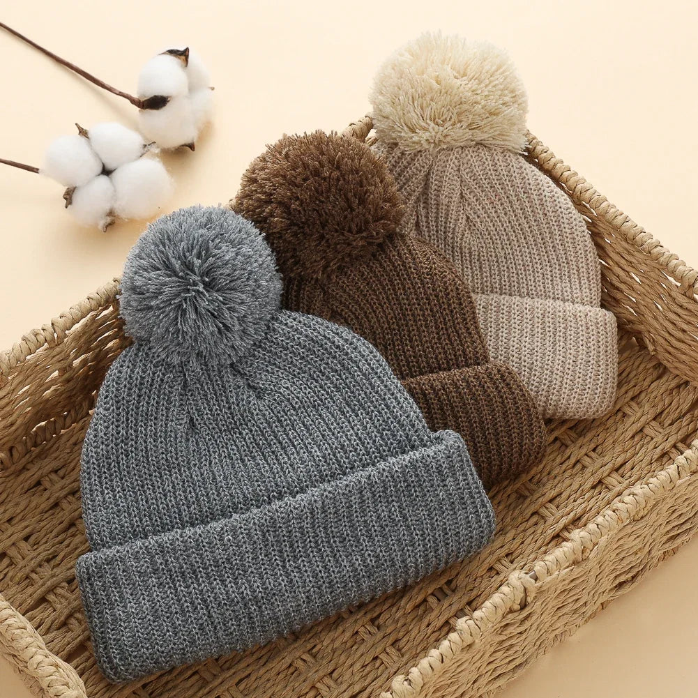Solid Pom Knitted Baby Beanie | Newborn Infant Winter Hat