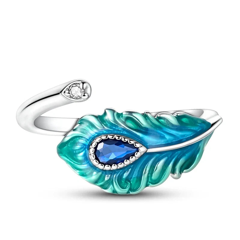 925 Sterling Silver Malachite Green Open Ring | Peacock Feather Adjustable Ring for Women