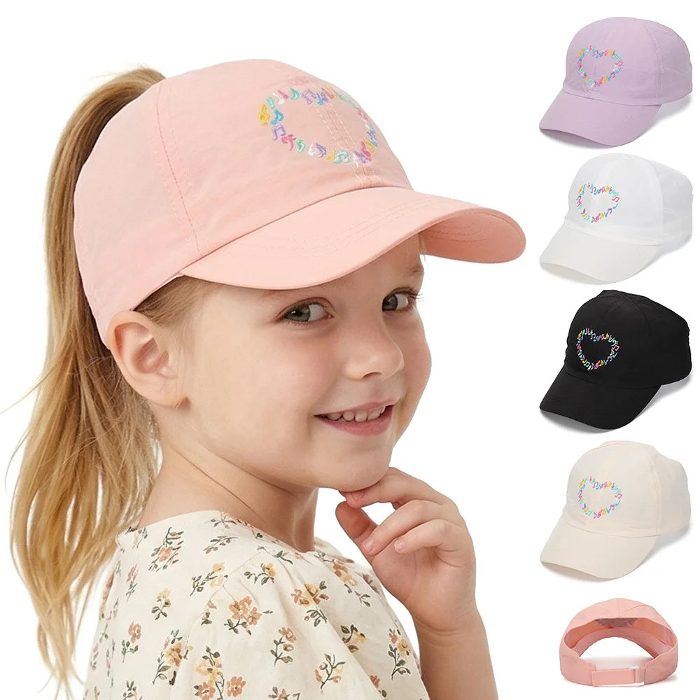 Embroidery Heart Children Baseball Cap for Girls | Ponytail Friendly Sun Hat