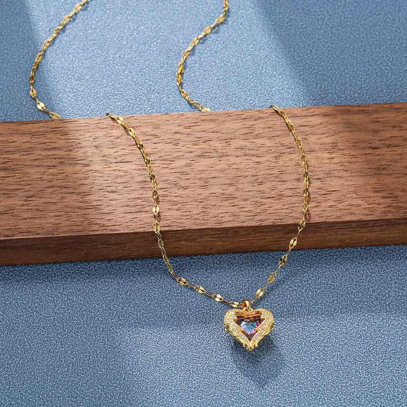 Stainless Steel Crystal Heart Pendant Necklace | Ocean Blue Jewelry for Women