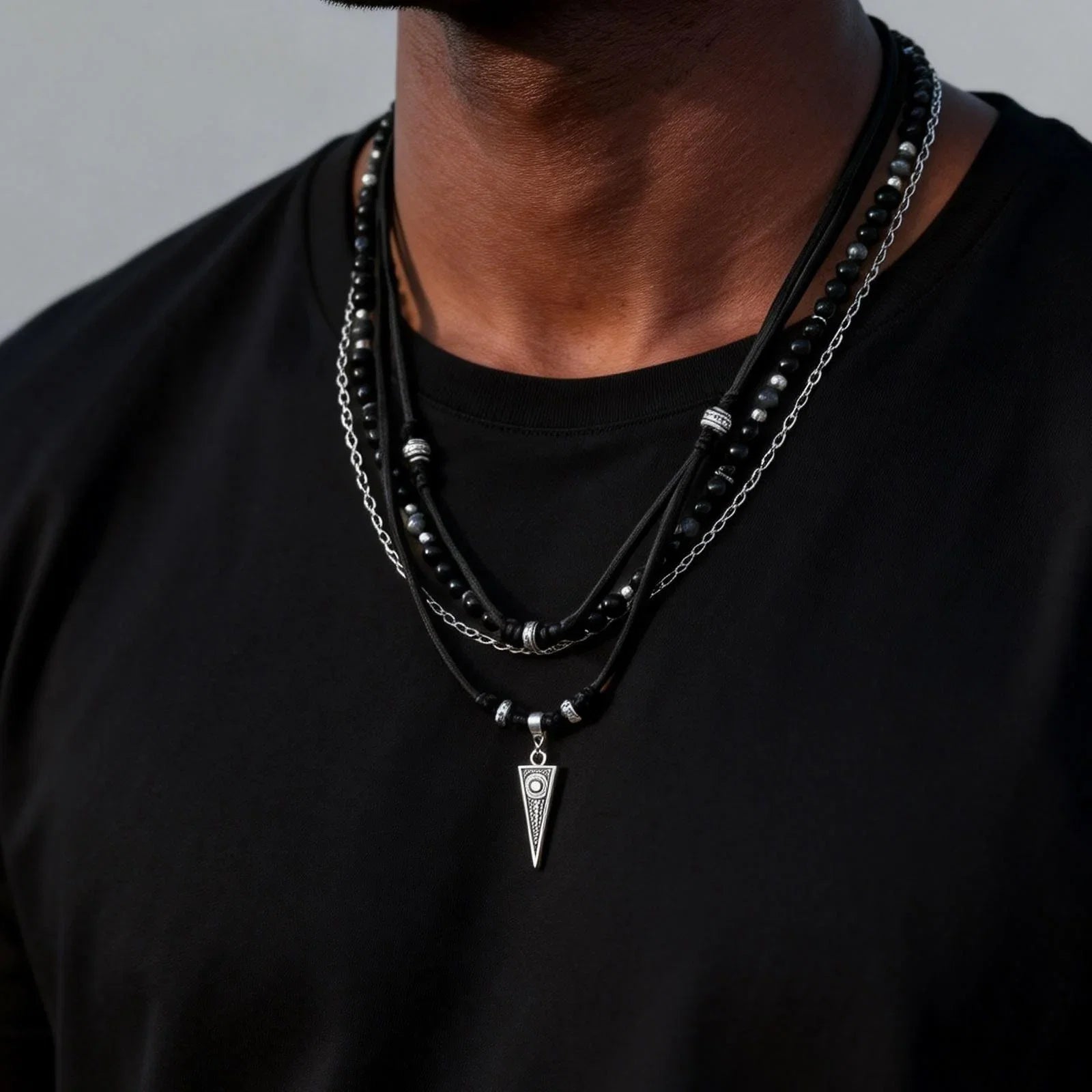 Multi-Layer Black Leather Necklace | Rock Punk Geometric Pendant for Men