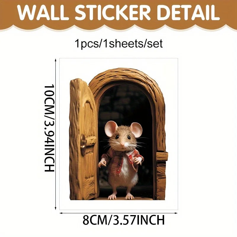 Whimsical 3D Mouse Hole Wall Decal | Adorable Red-Coated Mouse Peeking Design PVC Sticker