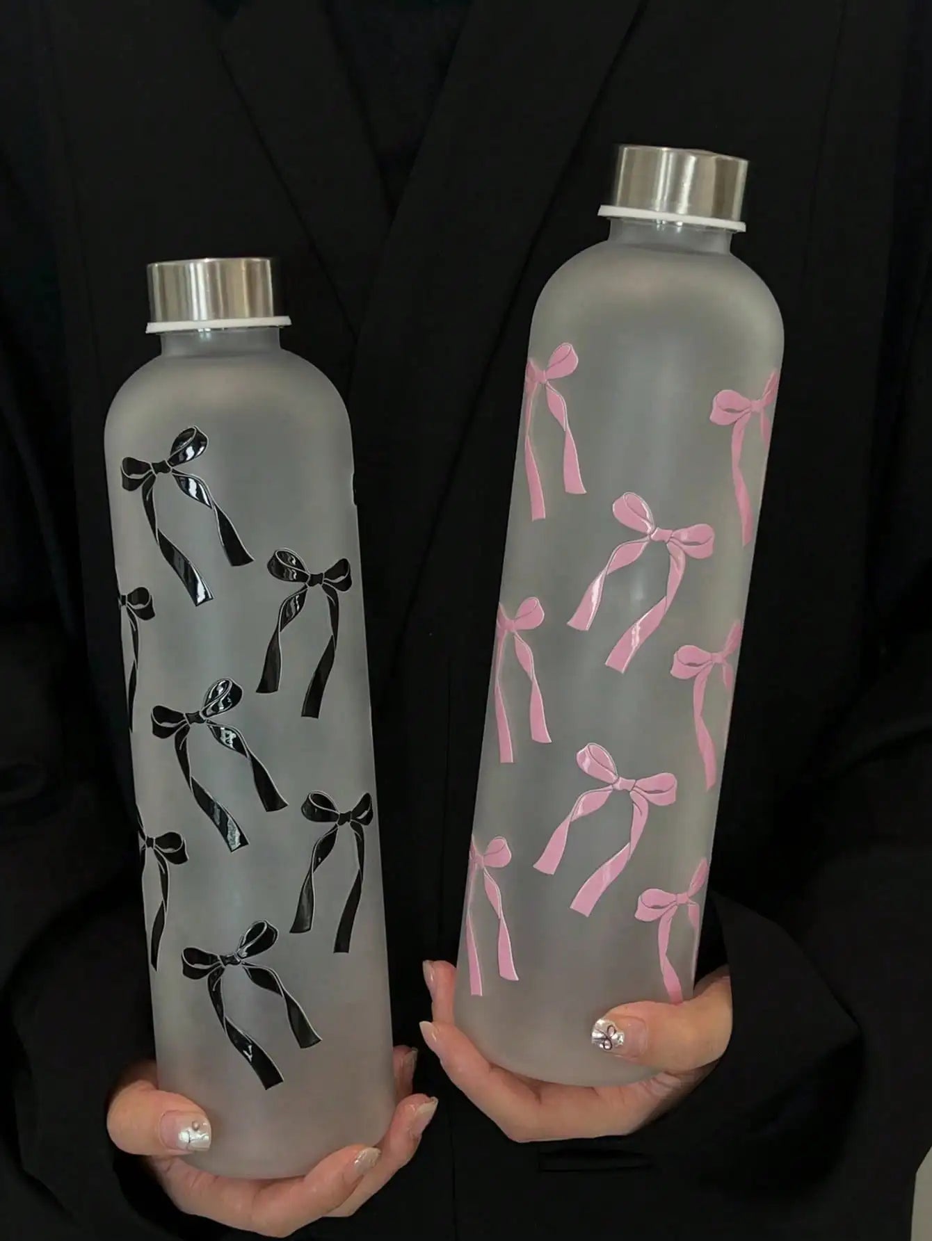 1000ml Matte Water Cup with Bow Print | Leakproof Stainless Steel Sports Bottle