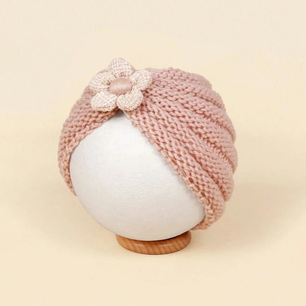 Baby Crochet Turban Hat with Flower Decor | Winter Warm Knit Headwrap for Infant Girls