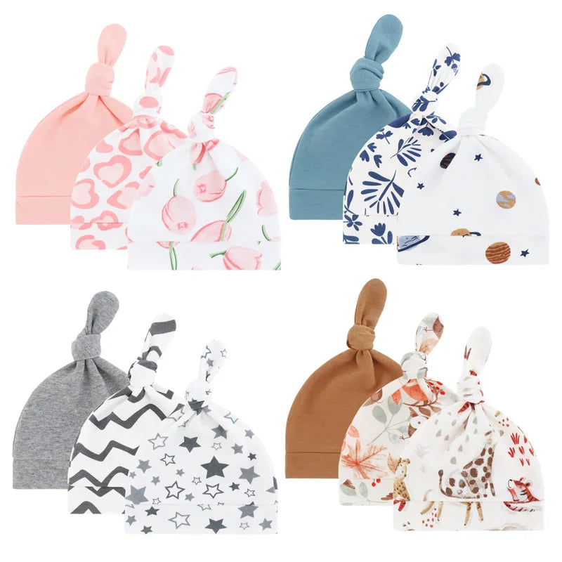 3Pcs Newborn Cotton Baby Beanie Hat Set | Cute Cartoon Infant Caps for 0-6 Months