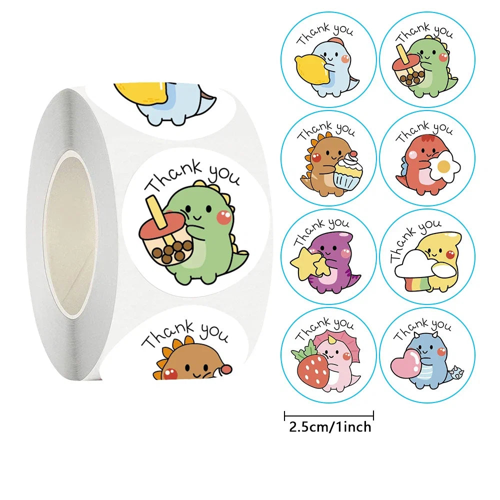 50/100/500pcs Cartoon Dinosaur Thank You Stickers | 1 Inch Round Labels for Packaging, Gifts, and Baking
