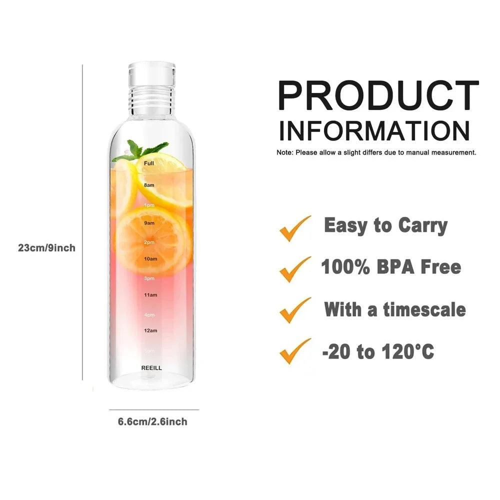 500/750ml Transparent Plastic Water Bottle with Time Marker | Leakproof Large Capacity Sport Drinkware