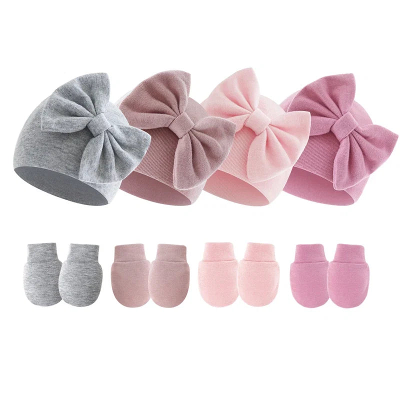 2Pcs Baby Girl Hat and Gloves Set | Newborn Princess Beanie with Big Bow for 0-6 Months