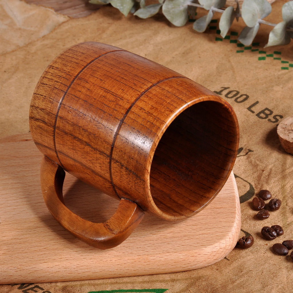 Handcrafted Wooden Coffee Mug | 320ml Natural Solid Wood Beer Cup with Handle