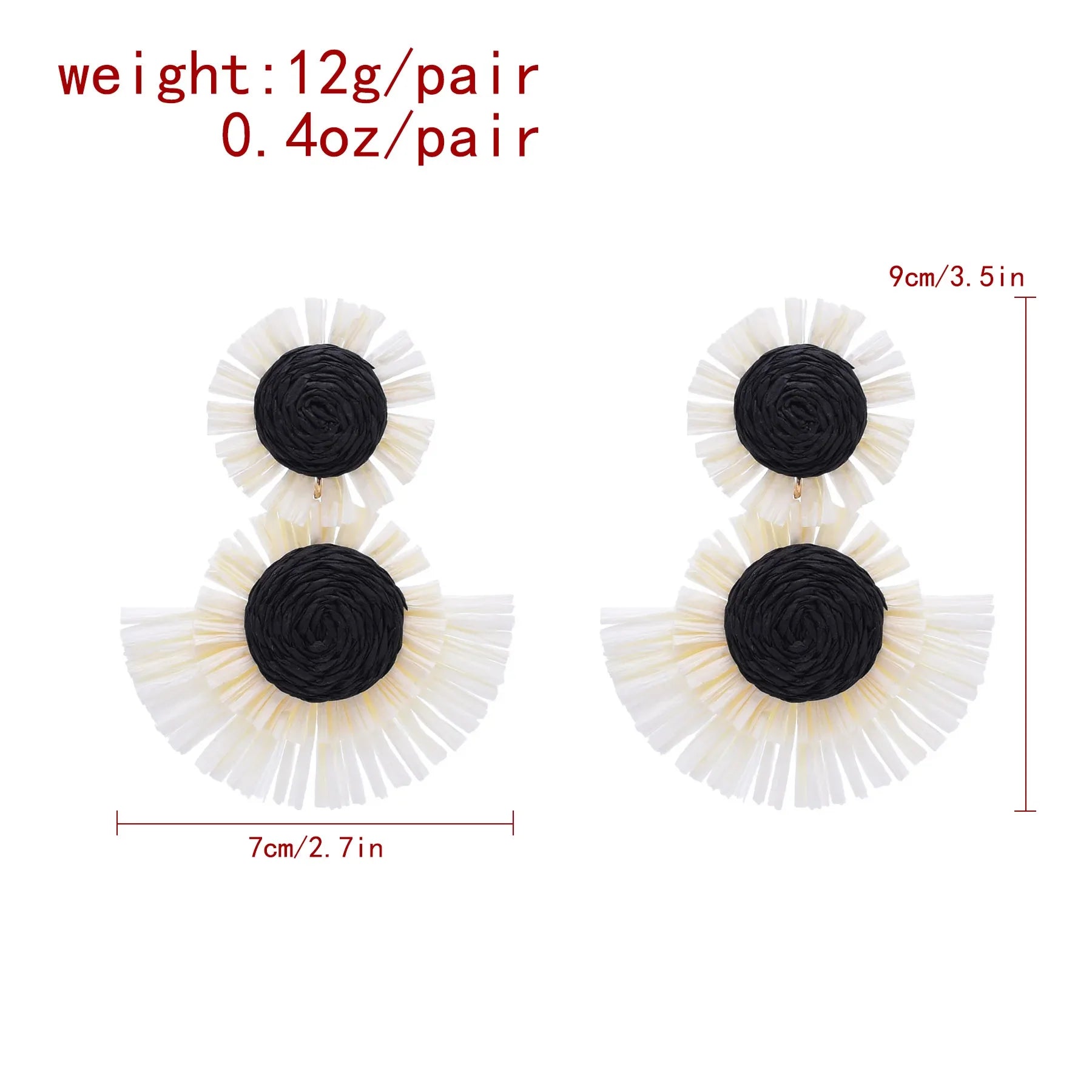 Black And White Raffia Fan Dangle Earrings | Bohemian Tribal Handmade Jewelry