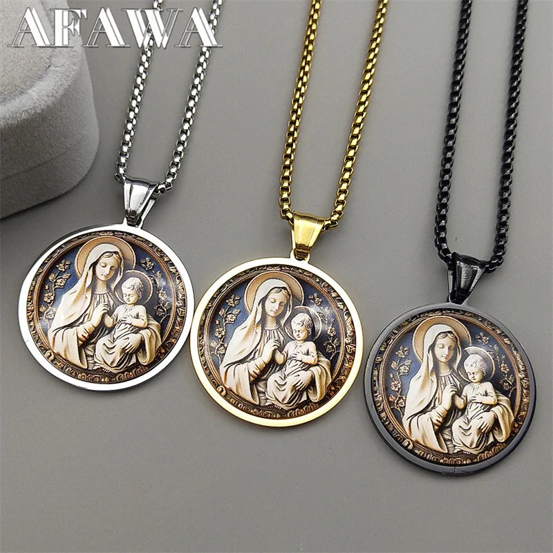 Virgin Mary Hold Baby Jesus Glass Round Medal Pendant Necklace | Gold Stainless Steel Catholic Amulet