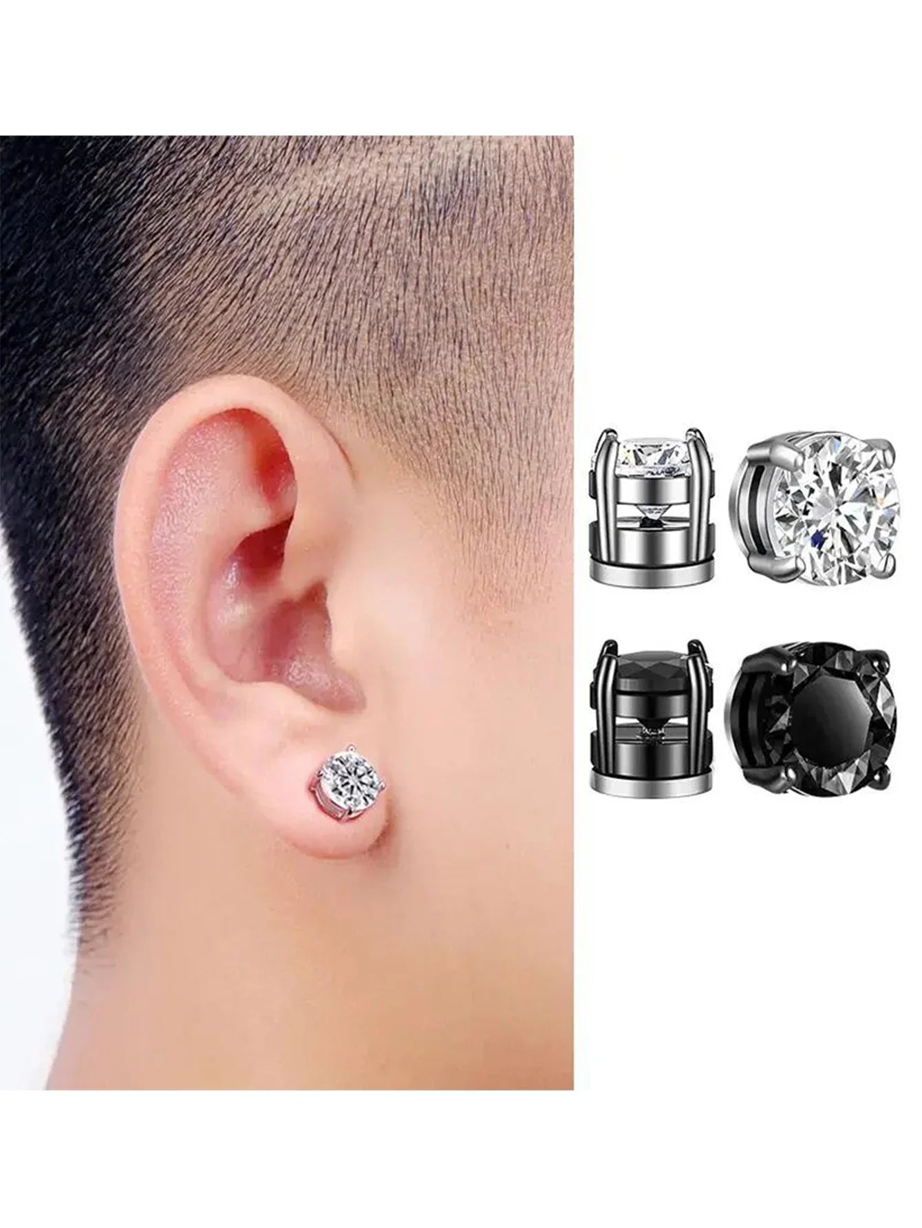 Mens Fashionable Clip On Earrings Set | Non Piercing Magnet Zircon Stainless Steel