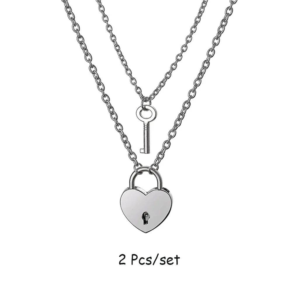 Romantic Key and Heart Couple Necklace Set | Stainless Steel Lock and Key Pendant for Lovers