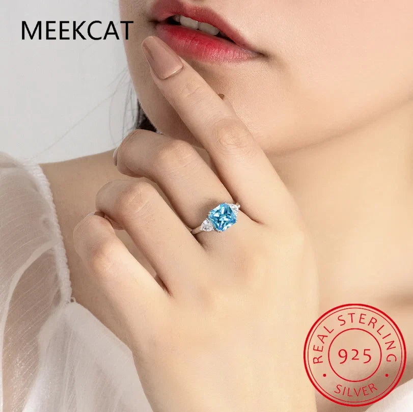 1.9ct Square Natural Sky Blue Topaz 925 Sterling Silver 3 Stone Ring | Women's Wedding Gemstone Jewelry