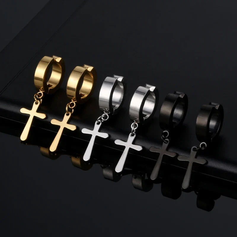 Punk Cross Stars Clip On Earrings | No Piercing Stainless Steel Ear Cuffs for Women Men