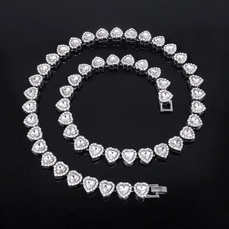 Shiny Heart Rhinestone Hip Hop Chain Necklace and Bracelet Set | Hip Hop Jewelry