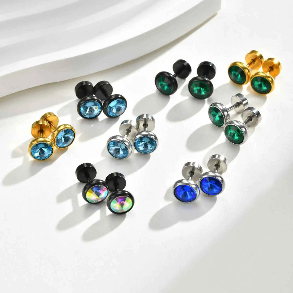 8mm Stainless Steel Screw Back Earrings for Men | Faceted Zircon Studs