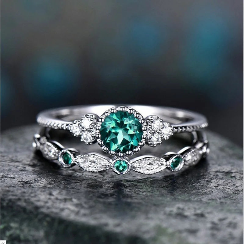 925 Sterling Silver Ring Set with Emerald Zircon Crystals | Women's Wedding Engagement Jewelry