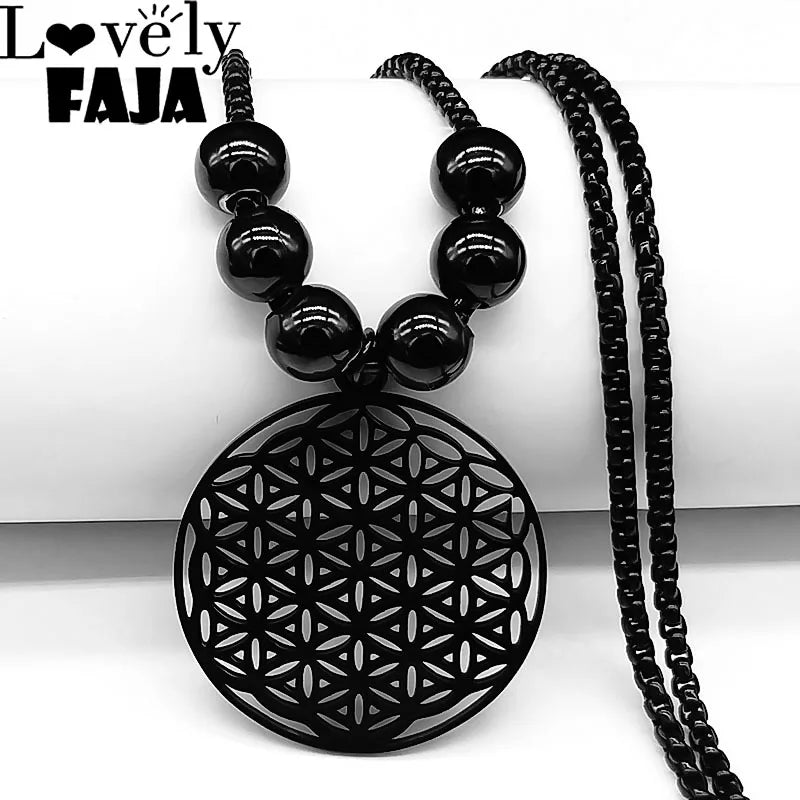 Sacred Geometry Flower of Life Necklace | Stainless Steel Mandala Pendant with Black Beads