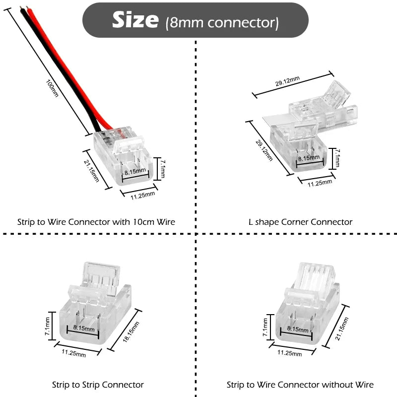 LED Strip Connectors and Fixing Clips Kit | 2-Pin COB Corner Connectors for Tape Lights