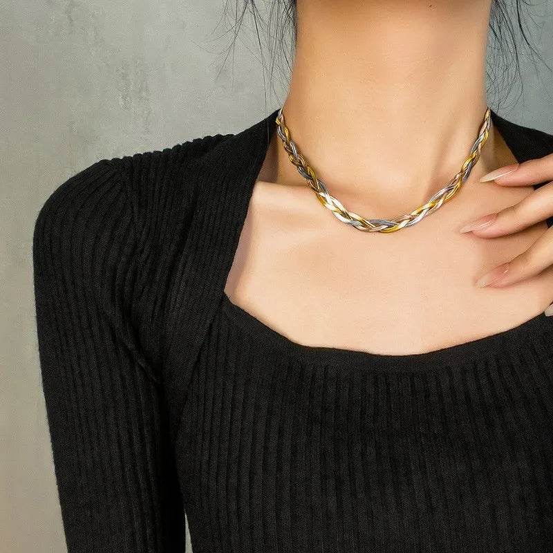 Tricolor Hand Braided Stainless Steel Necklace | Cuban Chain Jewelry for Women