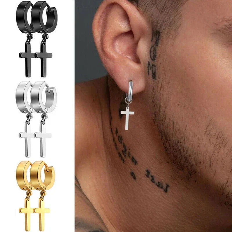 Black Cross Earrings for Men Women | Stainless Steel Punk Studs