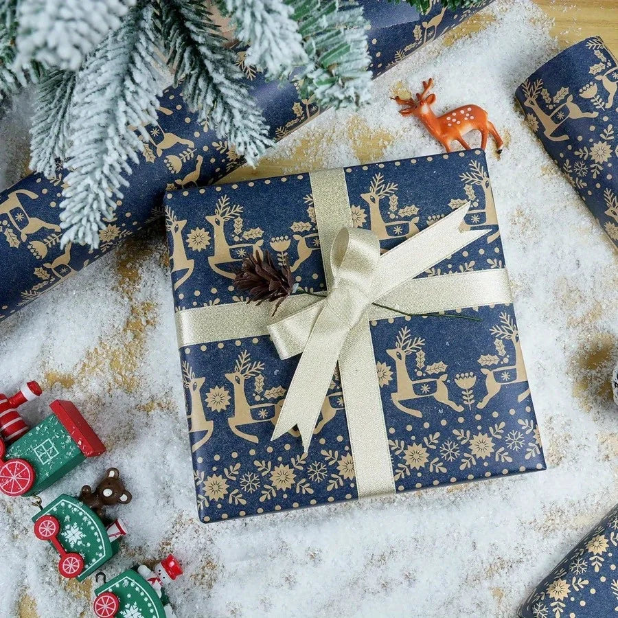 Navy Blue Kraft Christmas Wrapping Paper Roll | Snowflake, Floral and Reindeer Design