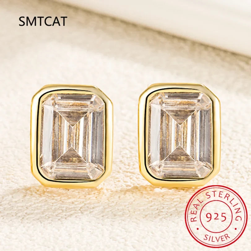 925 Sterling Silver Emerald Cut High Carbon Diamond Stud Earrings | Elegant Wedding Party Jewelry for Women