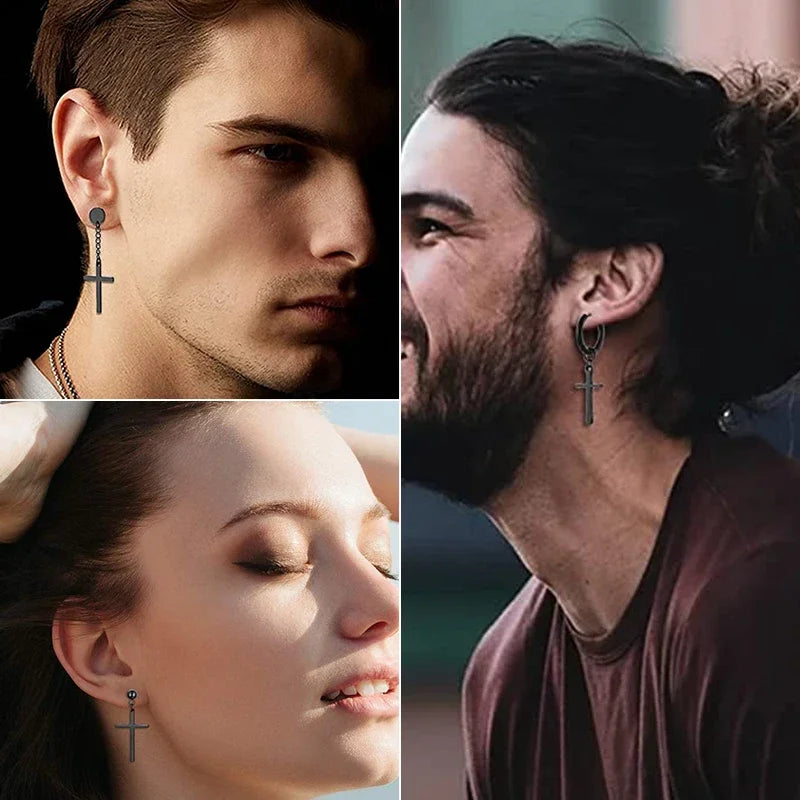 Black Punk Cross Hoop Earrings | Stainless Steel Unisex Jewelry