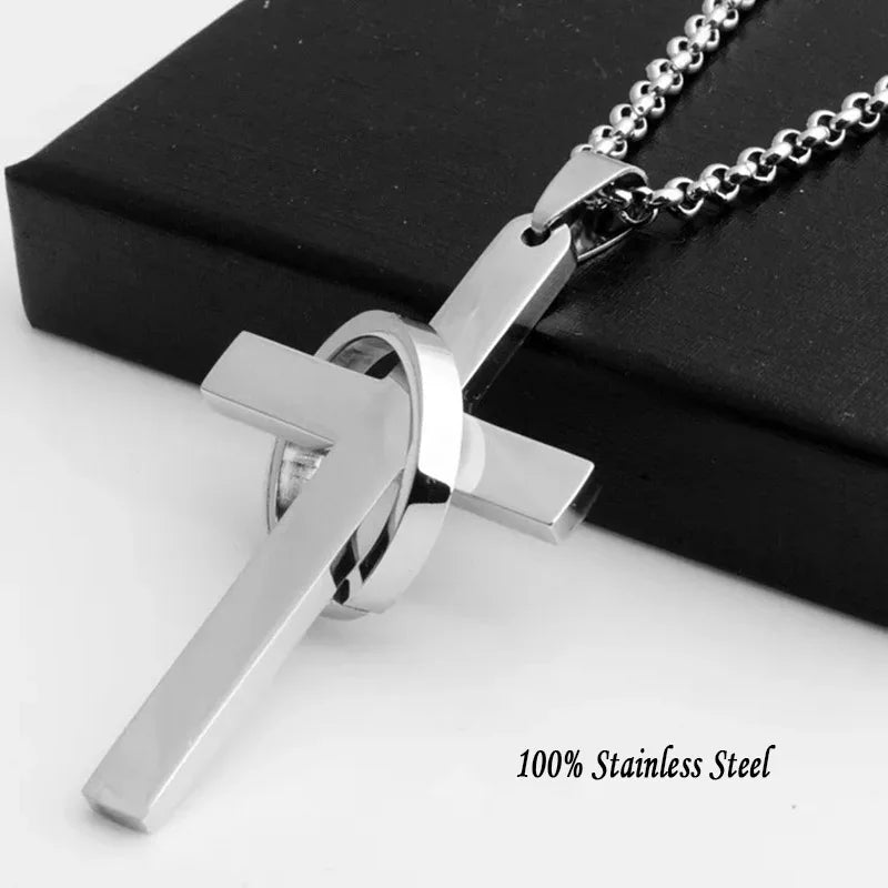 Simple Cross With Circle Pendant Necklace | Stainless Steel Christ Cruz Chain for Men and Boys
