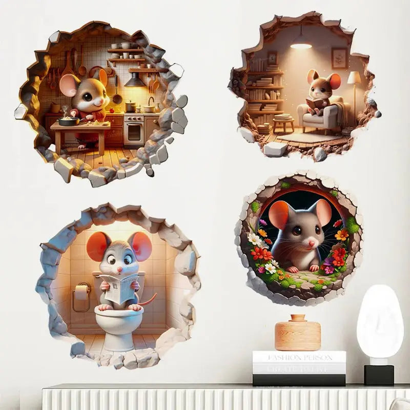 Cute Cartoon Mouse Hole Wall Sticker | Funny Rats Decals for Kids Bedroom Decoration